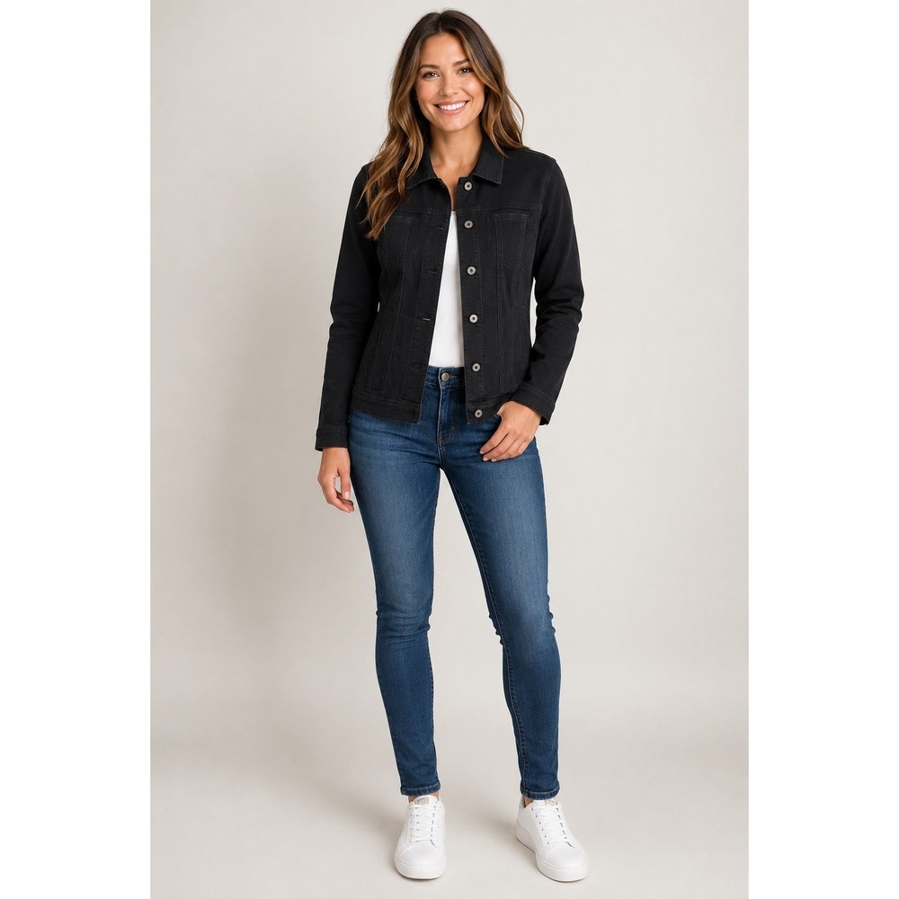 Ethyl Women's Medium Black Stretch Denim Utility Jacket Button Front Casual M